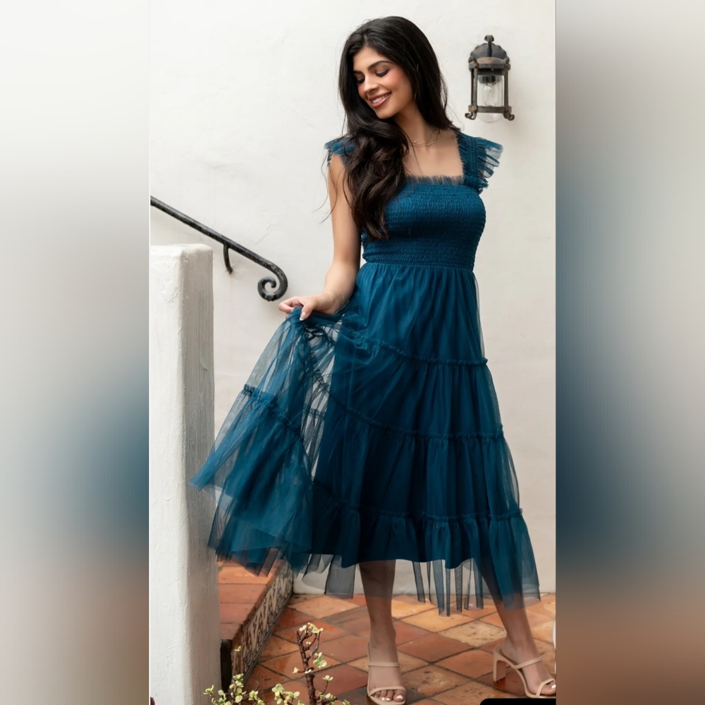 Baltic Born Teal Floral Tiered Square-Neck Midi Dress